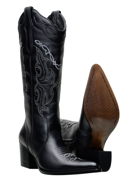 Bota Western Feminina iATAi Cano Longo em Couro na Cor Preto com Detalhes em Bordado - Country Breeze - Imagem 2