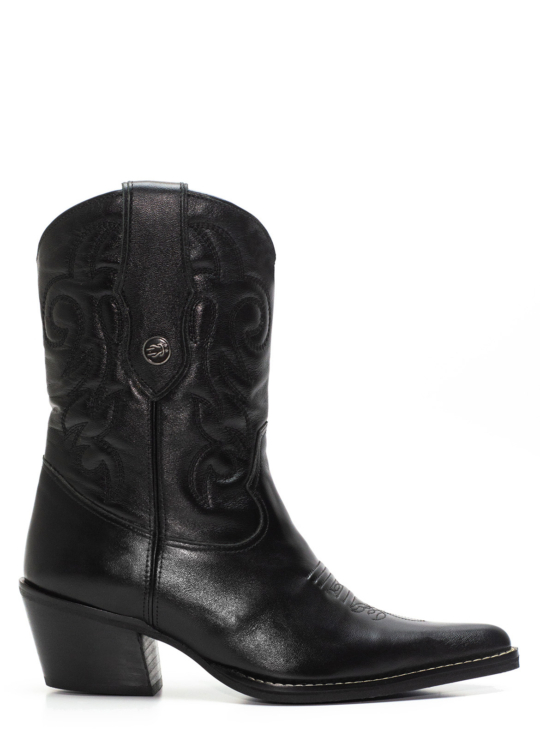 Bota Western Feminina iATAi Cano Curto em Couro na Cor Preto com Detalhes em Bordado - Wild West Wonder